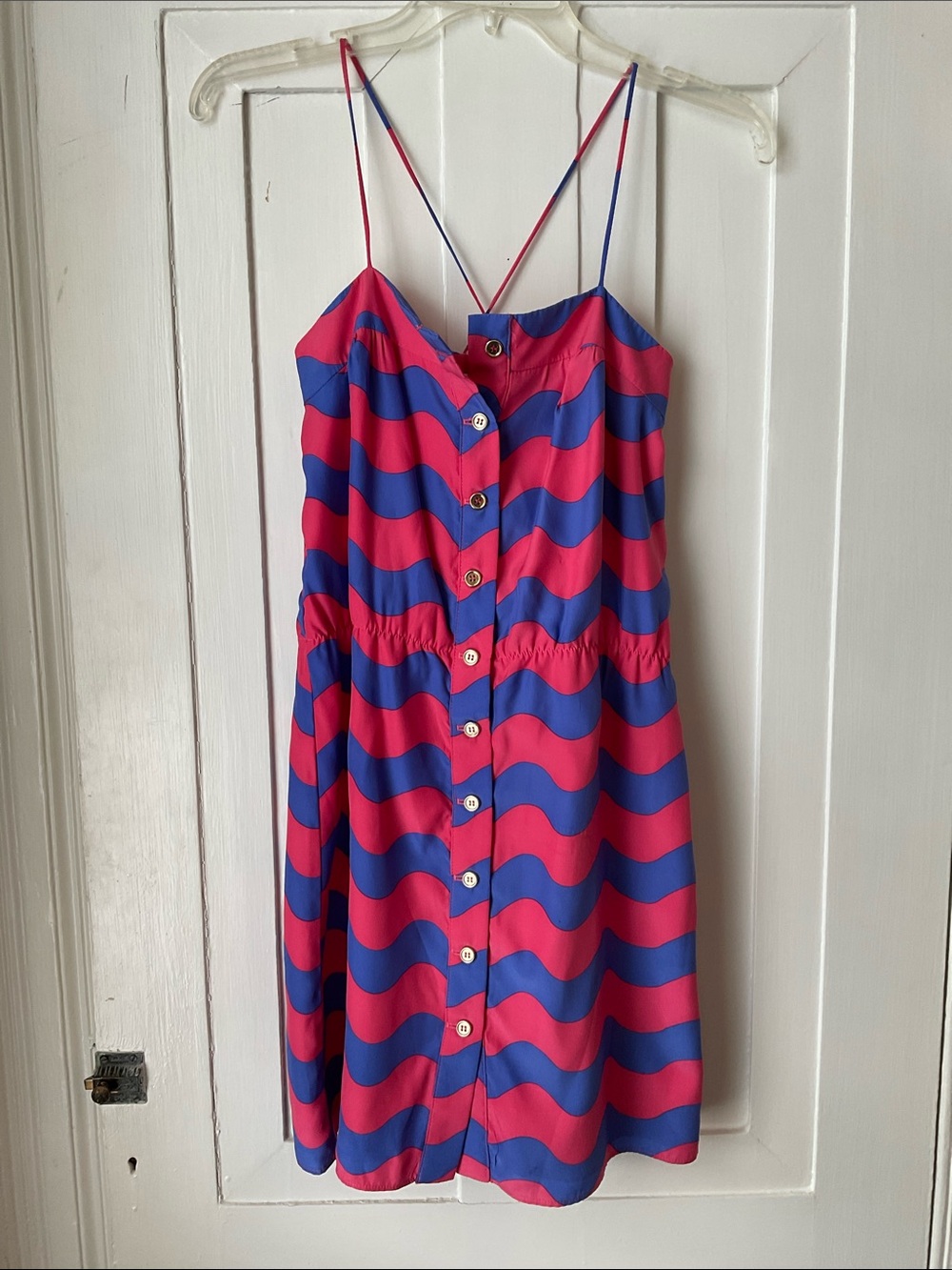 Strappy silk sundress with buttons Dress in Pink & blue Wave Print
